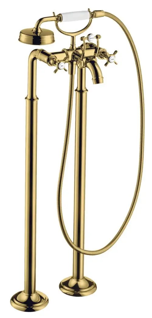 Bodenstehende Armatur mit zwei Kreuzgriffen in poliertem Gold von AXOR. Der Wasserhahn hat einen Auslauf und einen Handbrauseanschluss.
